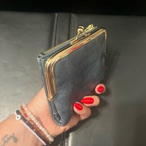 Elegant Blue Leather Clutch with Gold Accents